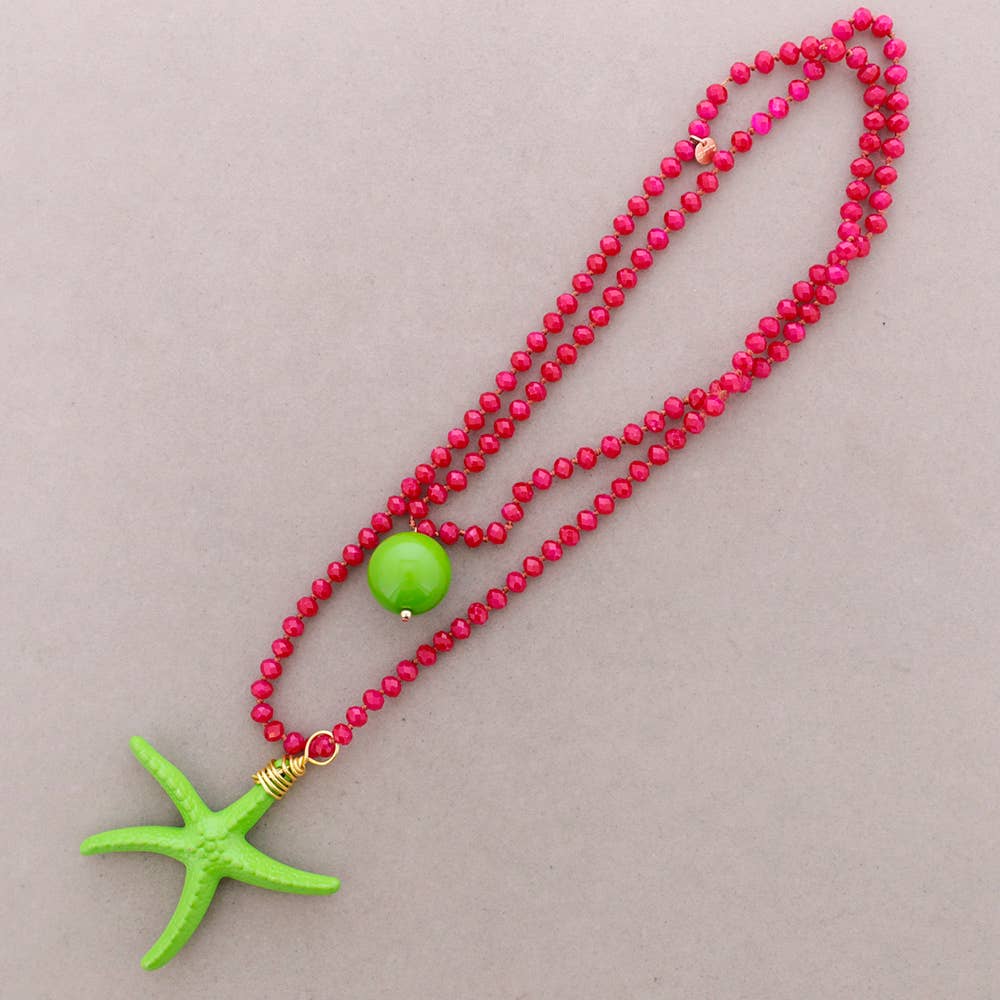 Collar Largo Cuentas Cristales Facetados Colgante Estrella Del Mar Resina 8mm 120cm